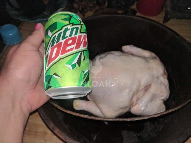 pouring mountain dew on the chicken
