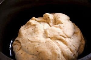 dough at second rising in Dutch oven