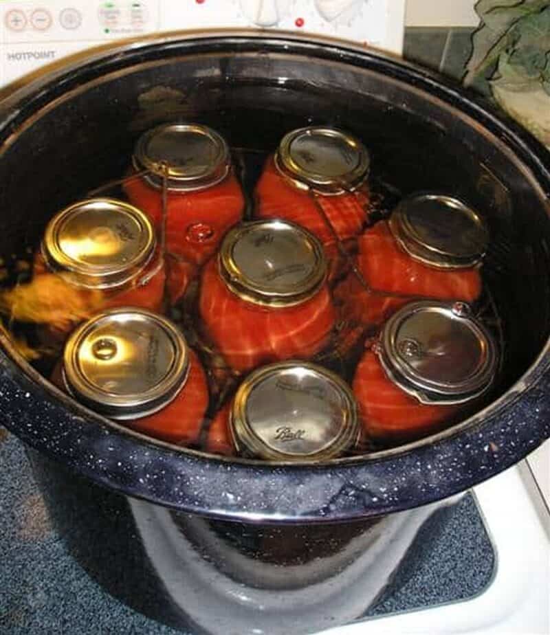 jars of tomato juice inside water bath canner