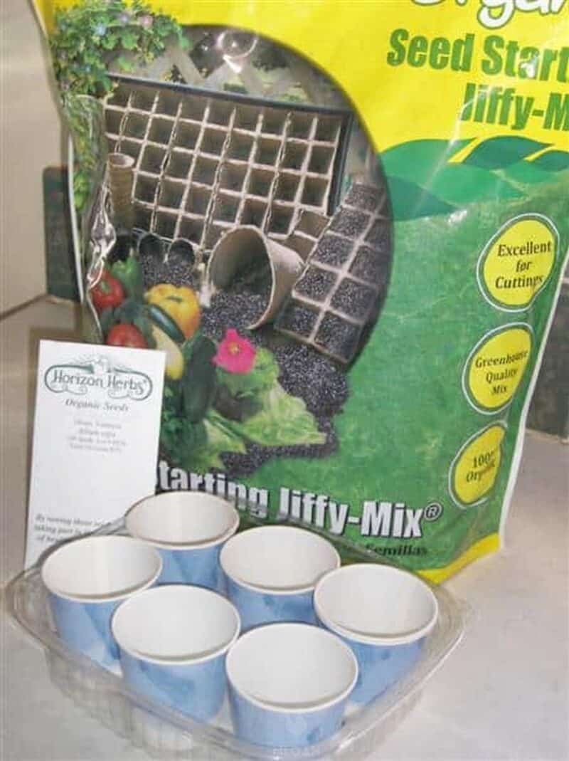 seed starting mix and plastic cups plastic tray and seeds