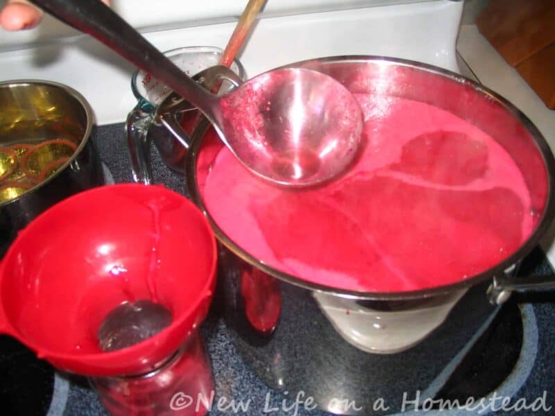 stirring the raspberry mixture in pot
