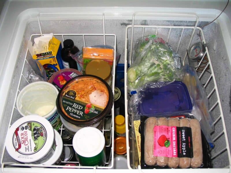 re-purposed chest freezer to fridge filled with food