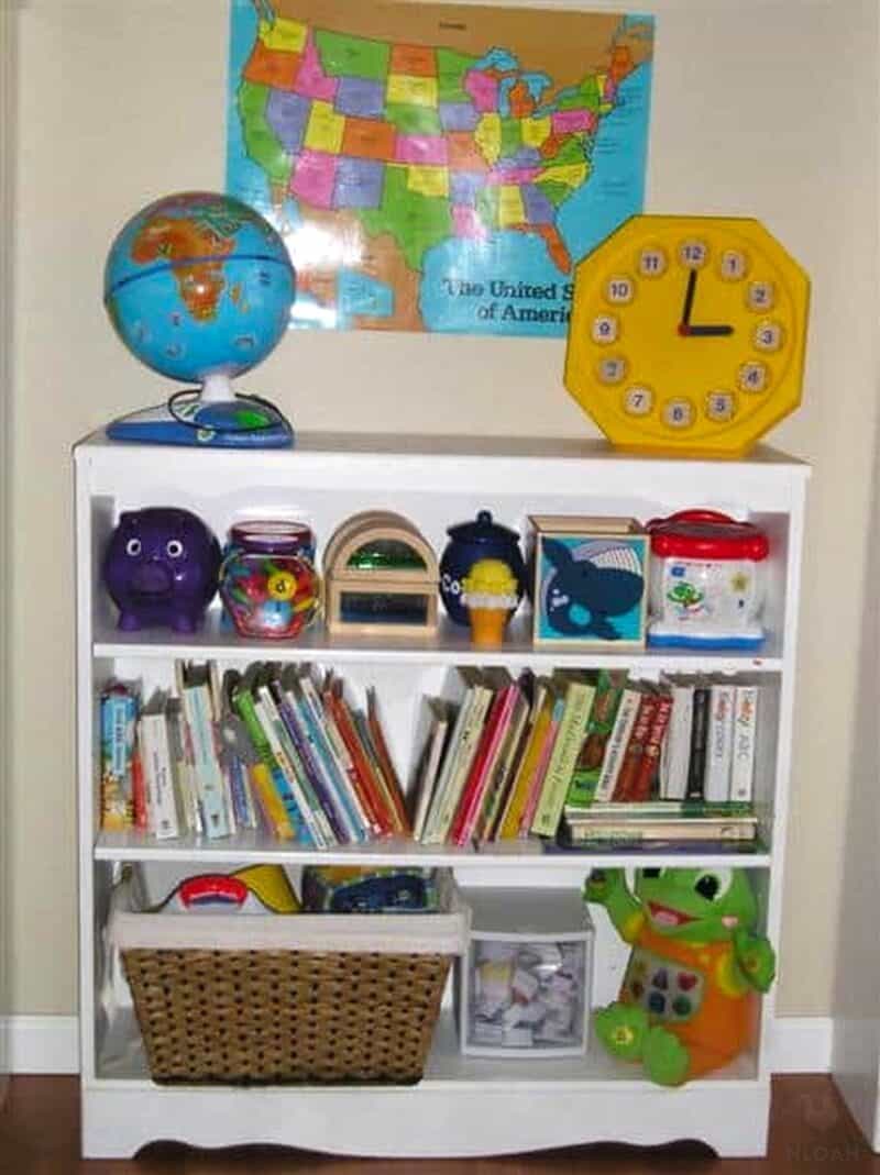 books toys map clock and globe on bookshelf