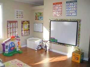 dry erase board and posters on homeschool classroom wall