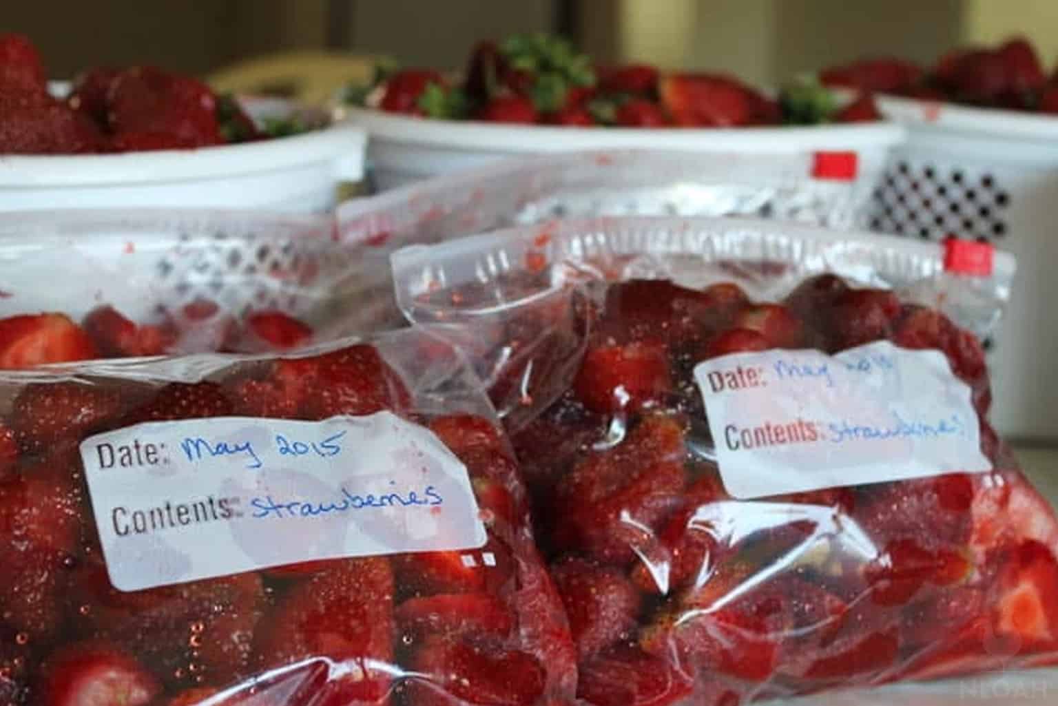 frozen strawberries in zipper bags