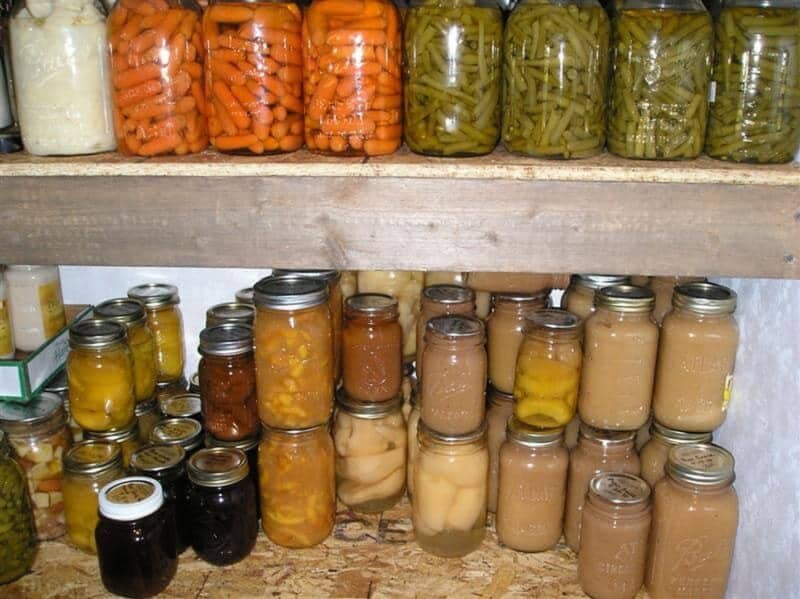 various canned foods on pantry shelves