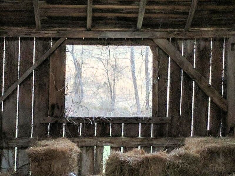 hay stacks inside old barn by the window
