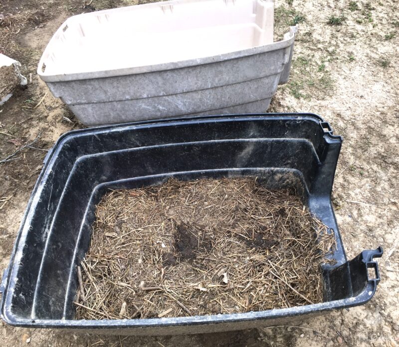 bottom part of a chicken litter box filled with straw
