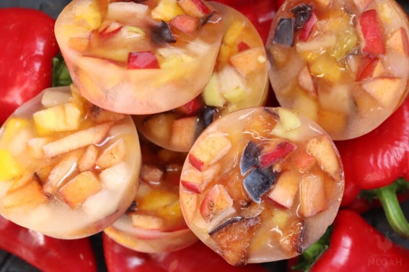 frozen treats for chickens made with apples, pear, and plums