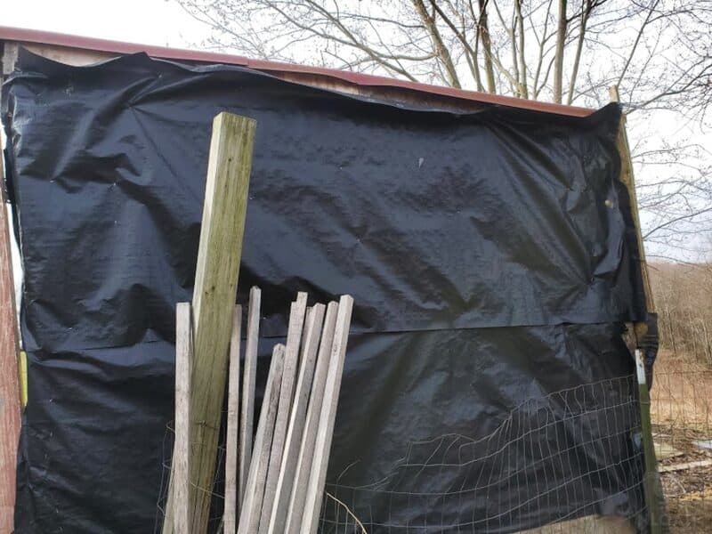 black tarp covering outside of chicken coop