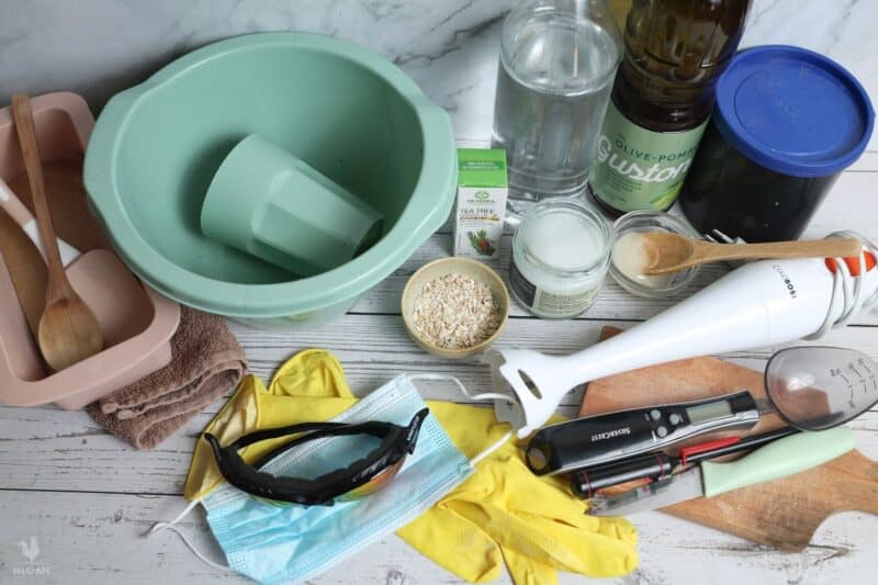 oatmeal honey soap tools and ingredients